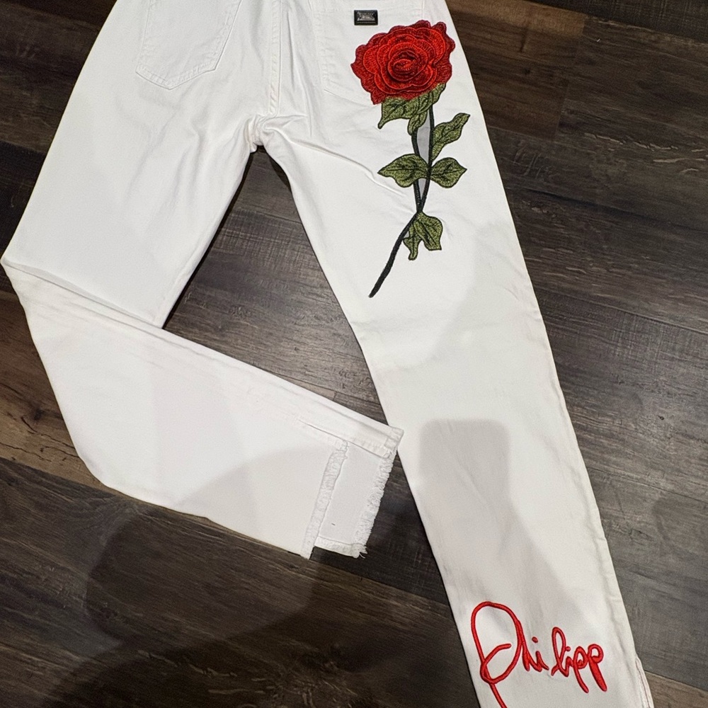 Philipp Plein White Jeans with Red Rose Embroidery